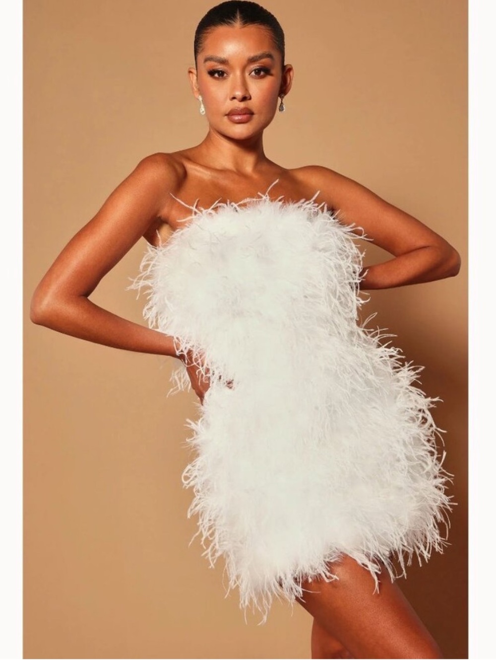 12th Tribe White Strapless Feathered Mini Dress